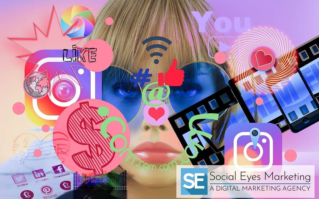 Digital artwork of a woman surrounded by social media logos and internet-related images.